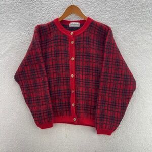 VTG Edinburgh Cardigan Sweater Women M Red Green Mohair Blend Plaid Gold Button